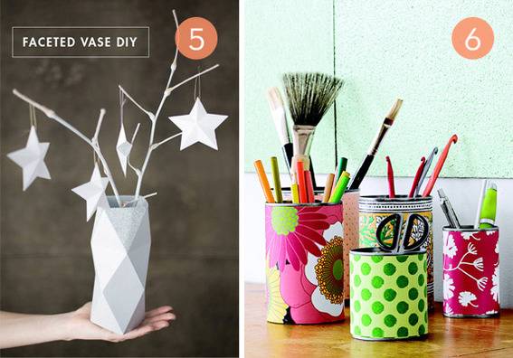 Craft supplies are put into three colorful containers on a wooden desk.