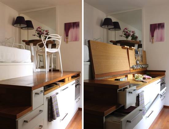 Wooden loft storage area with drawers.