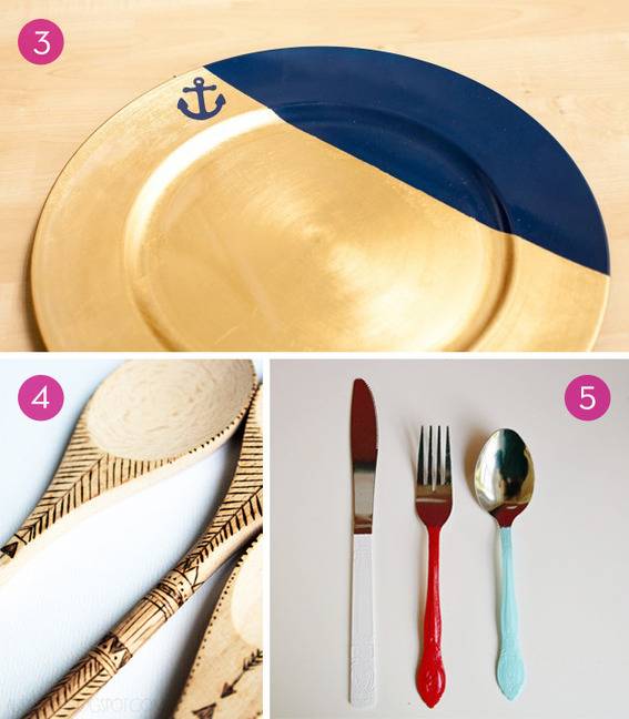 A gold and blue charger with a blue anchor, several wooden spoons with dark brown markings, a white knife, a red fork and a blue spoon.