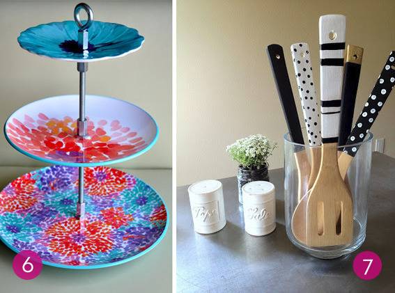 Two images, one a multi tiered plate, and the other a container for utensils.