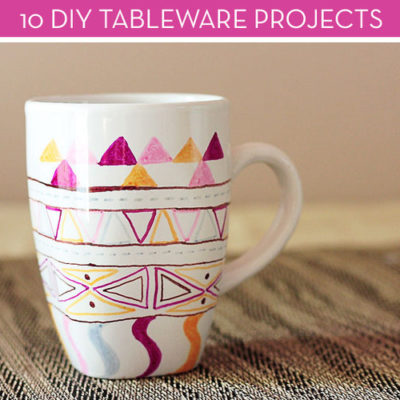 A simple white coffee mug has been transformed into a piece of art with geometric patterns painted on.