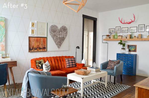 Morden style living room, with funky pieces and splashes of colors.