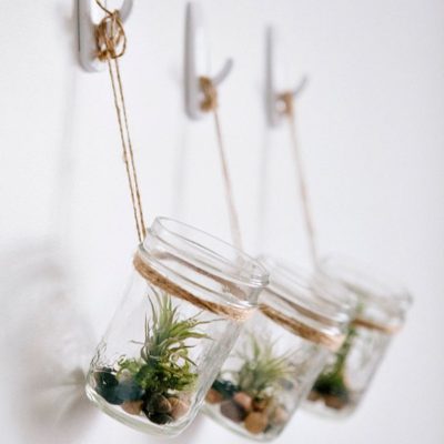 There are some jar planters hanging on the hook.