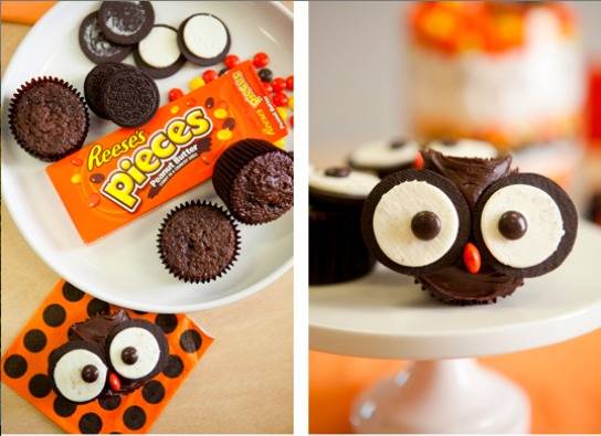 Reese's Pieces and Oreo cookies are rearranged to form edible owl cookies.