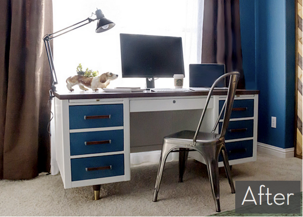 A plain white desk gets a makeover with blue-painted drawer fronts to match a wall of the same color.