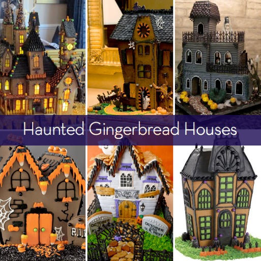Group of haunted gingerbread houses with graham crackers and frosting.