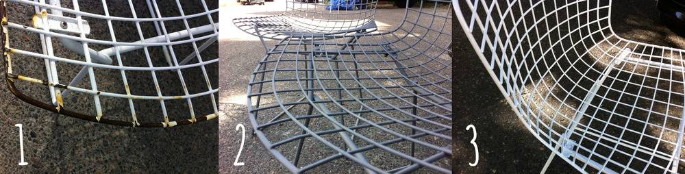 Touching up wire chairs with spray paint.