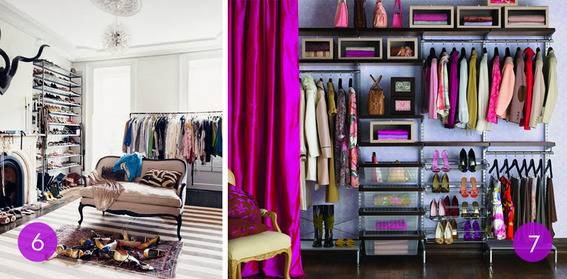A dressingy room with a wall full of shoes, a clothing rack and a setee with shoes strewn below it, an organized closet with a fuschia curtain.