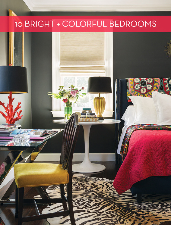 A colorful bedroom house is decorated in dark colors.