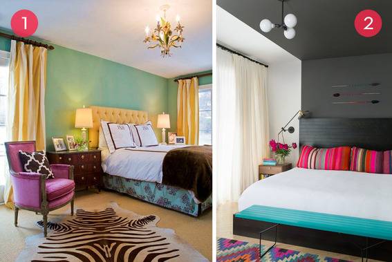 A colorful bed set in a room.