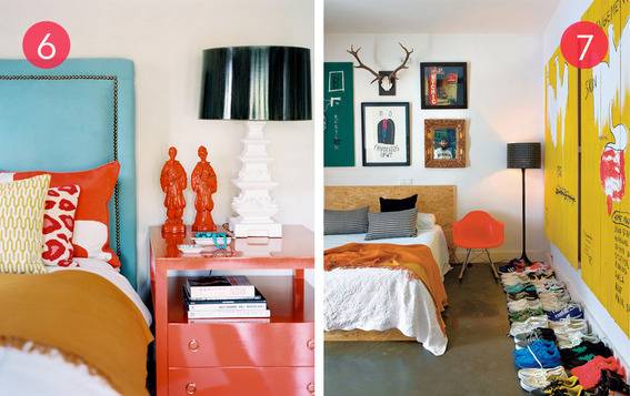 A bedroom with a blue headboard, orange pillows, a brown throw blanket, an orange side table with two orange statues and a black and white lamp and a bedroom with antlers on the wall surrounded by pictures, a bed with a yellow headboard, an orange chair and two rows of shoes on the floor.