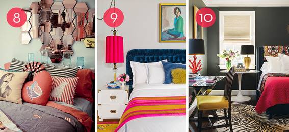 Three different settings show colorful bedrooms decorated differently.