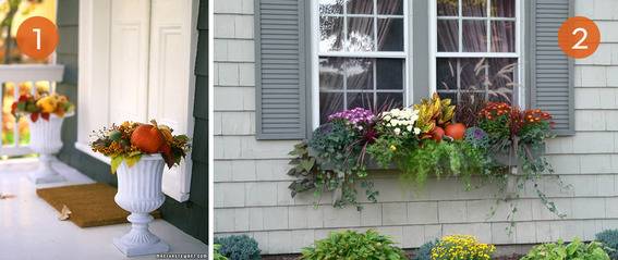 Fall flowers in a flower box, and in ornate flower pots by the front door.