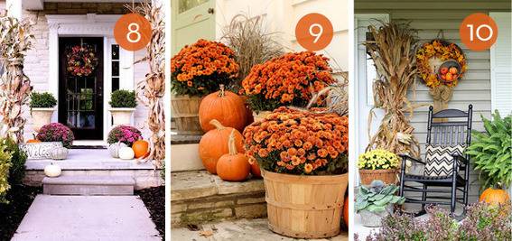 Entryways decorated for fall have pumpkins and dried plants.