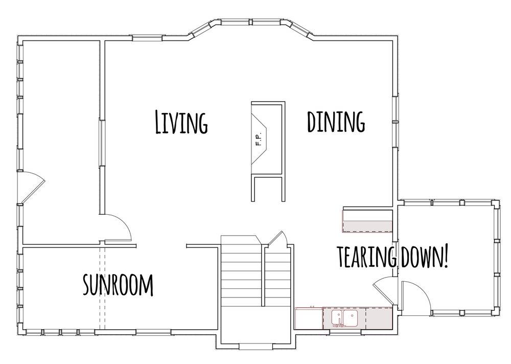 A floorplan of a home shows a living room, dining room, and sunroom that will remain intact, as well as a section of the home south of the dining area that will be torn down.