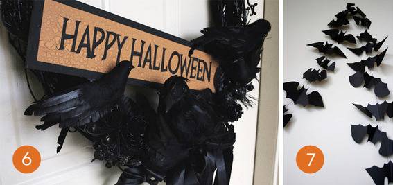 Crow decorated Halloween wreath next to line of paper bats.