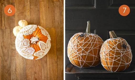 Pumpkins are wrapped in string and doilies.