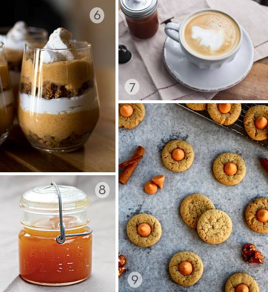 A parfait, a cup of coffee on a white plate, a jar of orange marmalade, and toffe cookies with a piece of toffe in the middle.