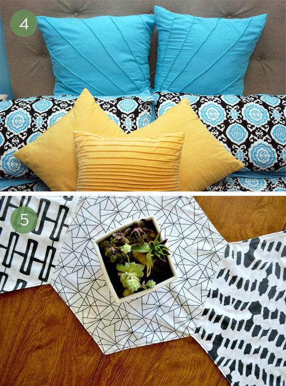 Blue striped pillows yellow striped pillows and black pillows with white decor above black and white fabric with a plant on it