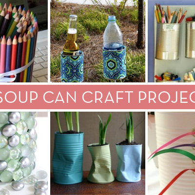 Dented cans painted in pastel colors with flowers growing inside.