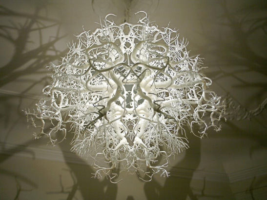 A white ball of jumbled branches has light radiating out from its center.
