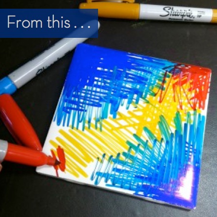 Markers making a colorful picture on a square tile.