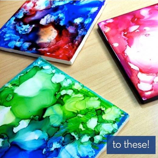 Vividly colored square coasters with marbled, swirled colors effect.