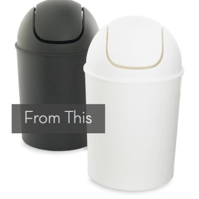 Two medium sized indoor trashcans with swing lids are identical except for the color, with one black and one white.