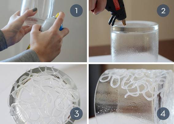 Do it yourself glass candle holder step by step guide with hot glue.