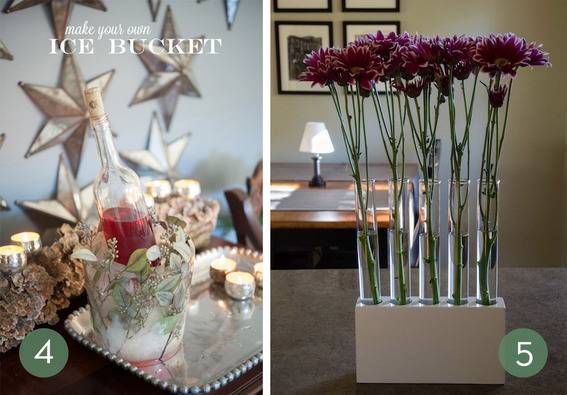 A bottle, an ice bucket, and bud vases are made of glass.
