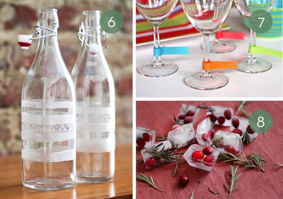 Drink serving ideas include painted bottles, wine glasses with tags, and cranberries frozen in ice.