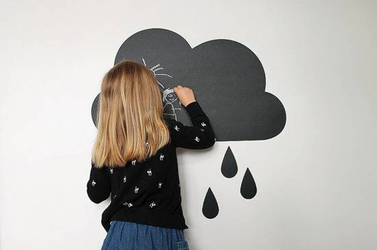 Girl drawing with chalk on black rainy cloud sticker on wall.