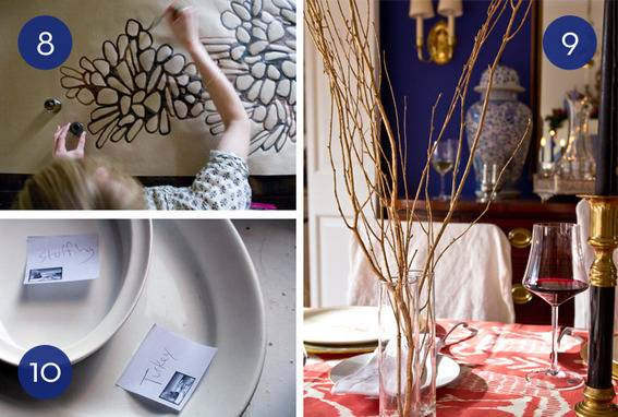 Preparations for a holiday include labelled platters, table settings, and a craft.