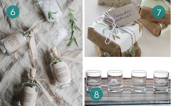 Rosemary sea salt in small bottles, simple wrapped gifts with twine and brown paper, and shot glasses on a stone slab.