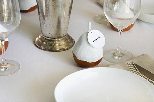 Wedding table set up, with names included on a pear.