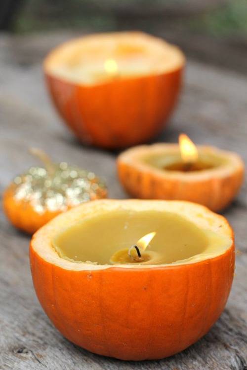 Pumpkins split in half and emptied to be made into candleholders.