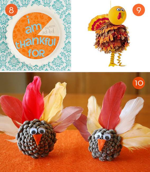 Different thanksgiving crafts like a pinecone turkeys, and pie cards.