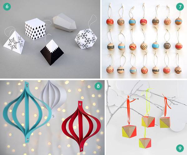 These Christmas ornaments are geometric shapes with hanging loops at the tops.