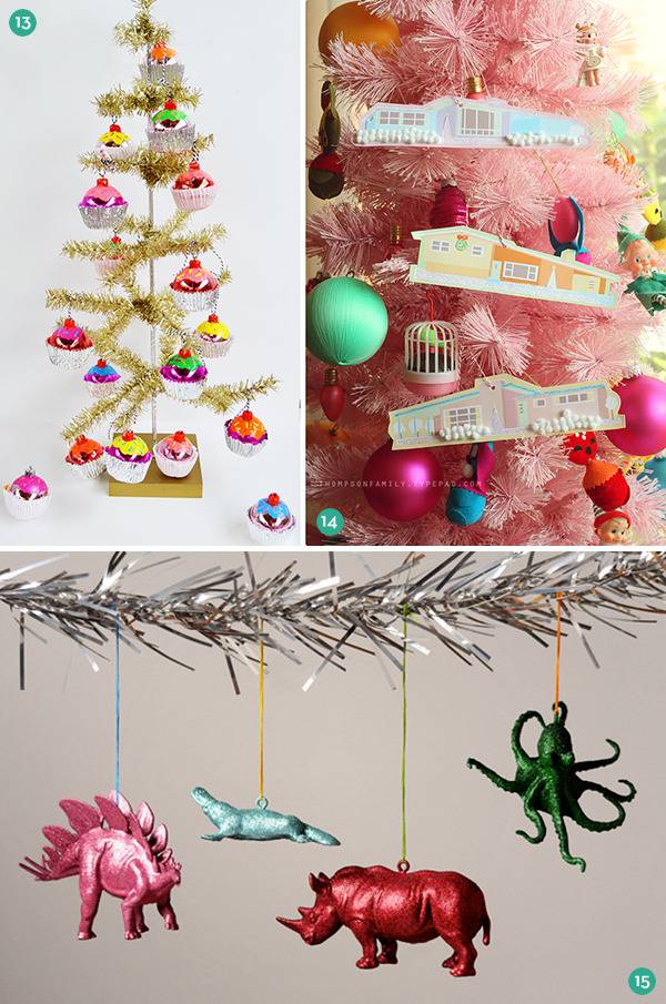 Christmas tree mobile with ornaments near branch with animal ornaments.
