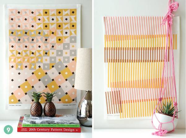 A wall decorated in two different styles by using vase, books and lamps.