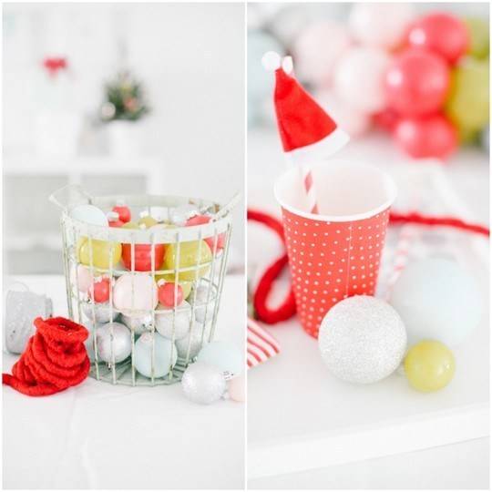 Colorful decoration ideas for party with balls, paper cups, baskets straws and ribbons.