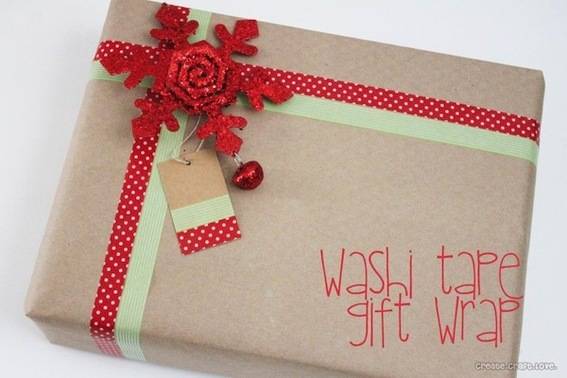 A present is wrapped in brown kraft paper with washi tape on it instead of ribbon.