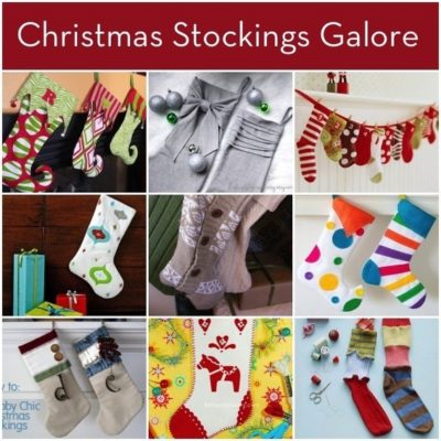 Many different designed Christmas stockings.