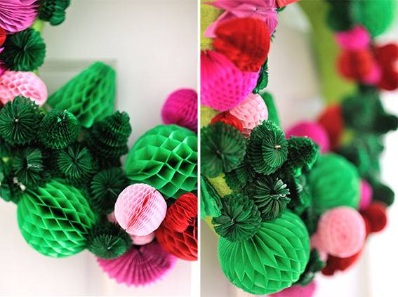 Honeycomb balls shaped into a colorful wreath.