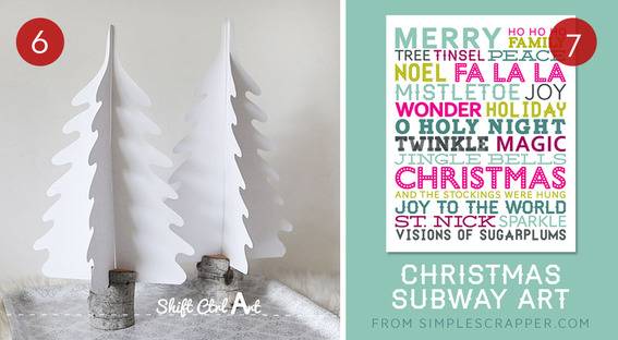 Two Christmas trees made of paper and one book cover decorated with colorful text.