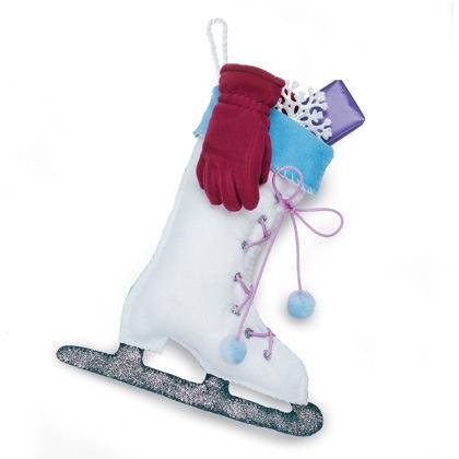 Ice skate Christmas ornament with gloves and pom poms.