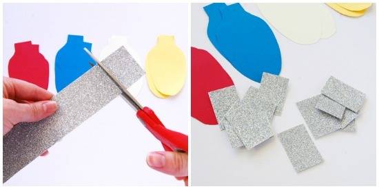 Person cutting glitter paper with scissor to prepare colorful Christmas light garland.