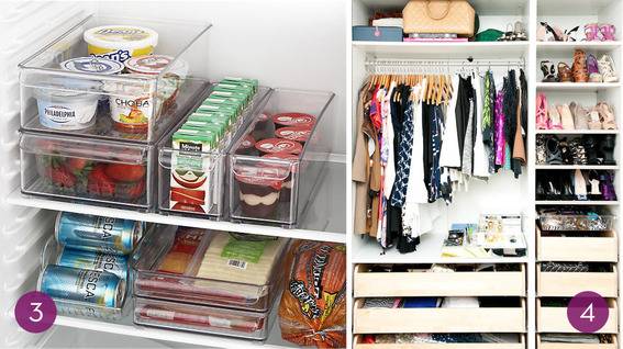 Yogurt, juice boxes, pudding and various snacks are neatly arranged in a refrigerator, and a closet has lots of storage drawers.