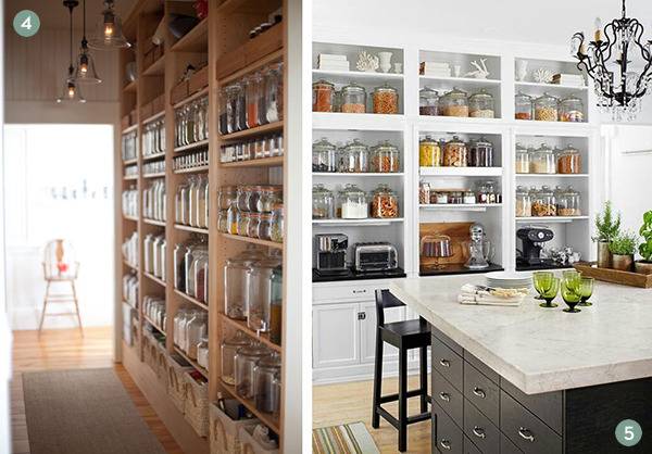 Various jars filled with pantry items still bookshelves arranged to make a pantry