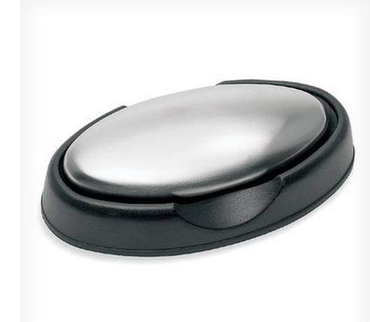 A black and silver color oval shaped soap container.